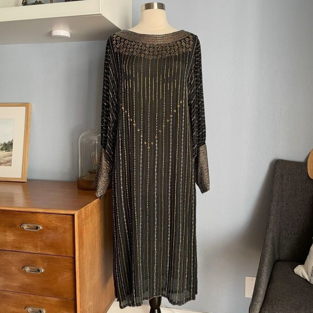 Vintage Sistermax Beaded Striped Silk Shift Dress Midi Art Deco Size S